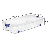 Sterilite 62 Liter Wheeled Latch Box, Small Clear Plastic Storage Bin with Lid, Blue Latch