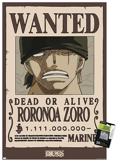 One Piece - Roronoa Zoro Wanted Poster Wall Poster with Pushpins, 22.375" x 34"