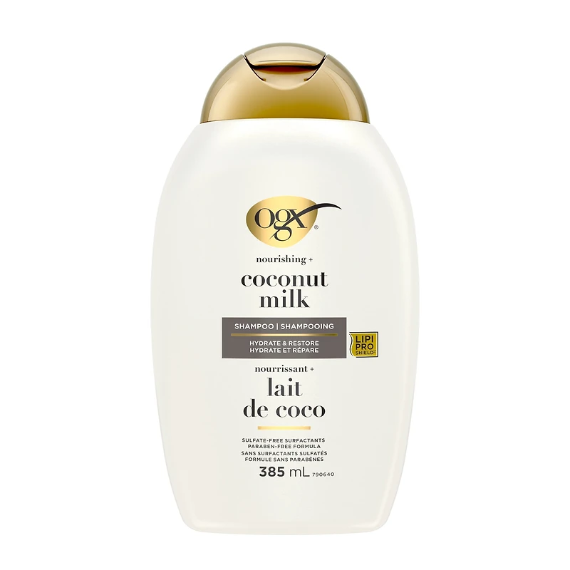 OGX Nourishing + Coconut Milk Moisturizing Shampoo, Hydrating & Restoring Shampoo Moisturizes for Soft Hair After the First Use, Paraben-Free, Sulfate-Free Surfactants