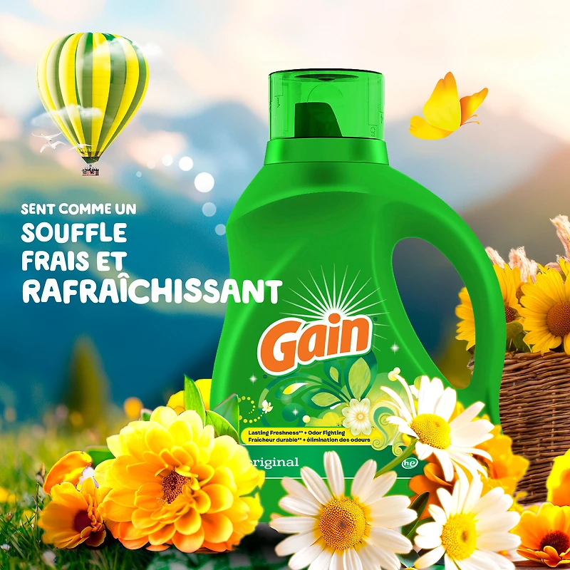 Gain Liquid Laundry Detergent, Original Scent, 1.24 L, 32 loads, Freshness + Odour Fighting, High efficiency washing machine iquid cleaning soap