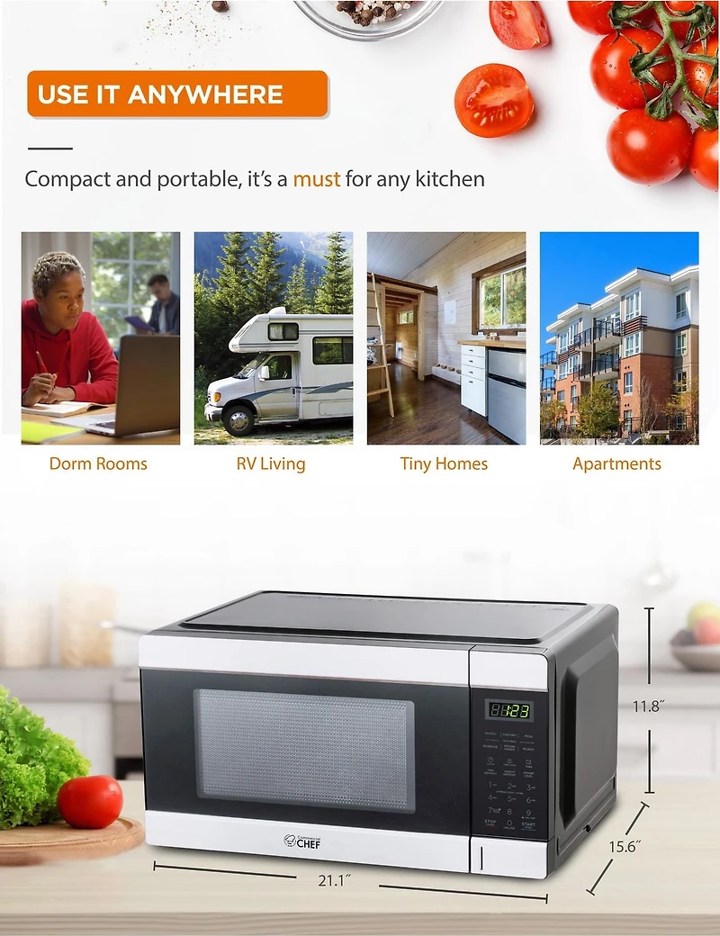 1.1 Cu Ft Microwave with 10 Power Levels, Small Microwave with Push Button, 1000W Countertop Microwave