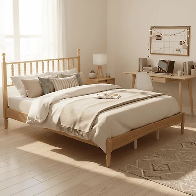 Homy Casa California Vintage Wood Platform Bed King Size Natural Finish with Gourd Shaped Headboard