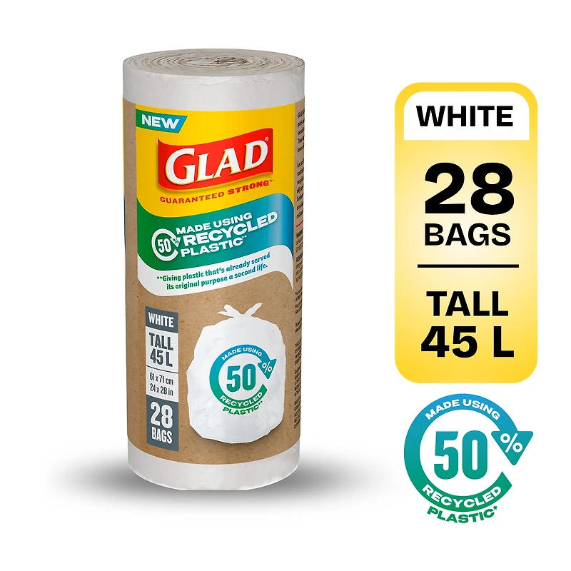 Sacs à ordures blancs Glad ‒ Sacs longs de 45 litres, faits à 50 % de plastique recyclé, rouleau de 28 sacs