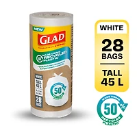 Sacs à ordures blancs Glad ‒ Sacs longs de 45 litres, faits à 50 % de plastique recyclé, rouleau de 28 sacs