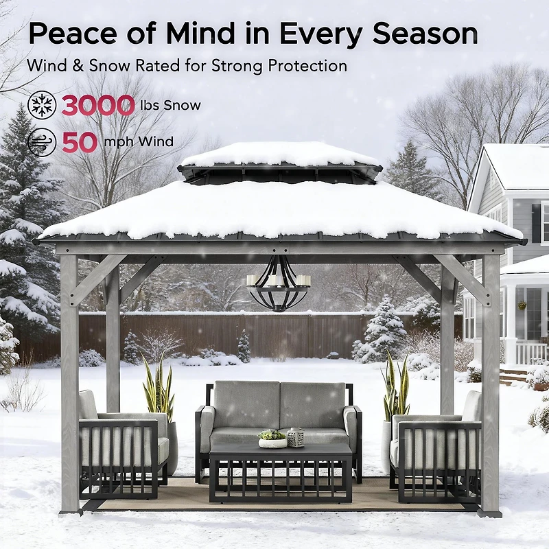 Sunjoy Outdoor Gazebo 10 X 12 ft. 2-tier Hardtop Grey Cedar Framed Gazebo with Steel Hardtop