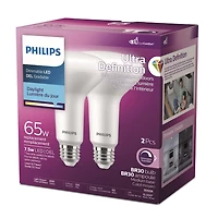 PHILIPS 7,2 W (65 W) BR30 ultra haute définition, ampoule LED à intensité variable, lumière du jour, culot moyen, paquet de 2