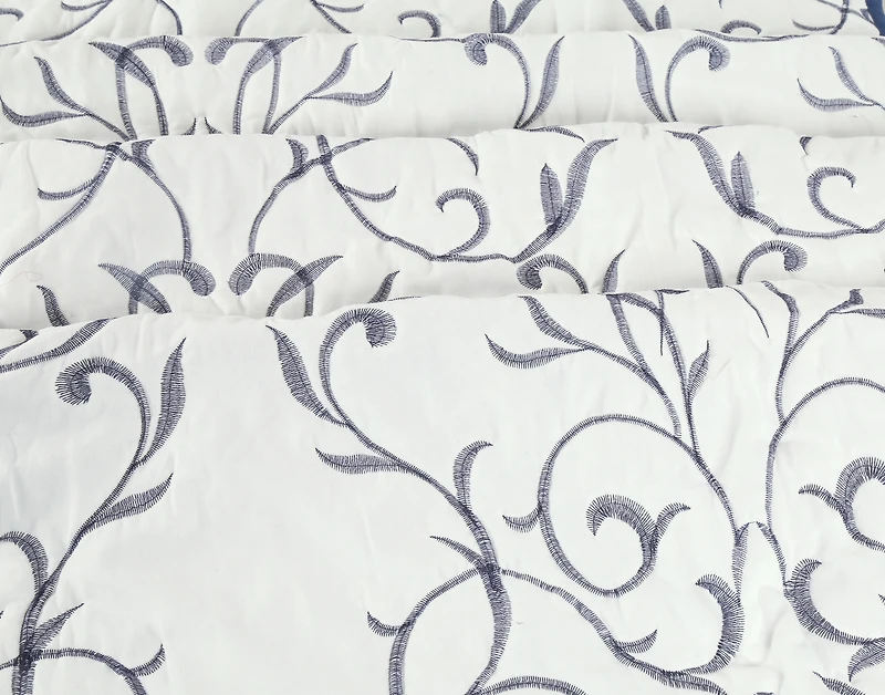 Marina Decoration Embroidered Stitching Coverlet Bedspread Ultra Soft Solid Bedding Summer Quilt Set with Quilted Sham, Navy Blue Branch Pattern