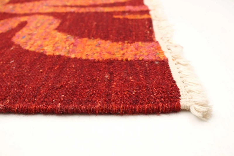 ECARPETGALLERY 5'4" x 7'6" Flat-weaves & Kilims Sari Silk Hand Made Area Rug for Living Room, Dining Room and Bedroom in Red
