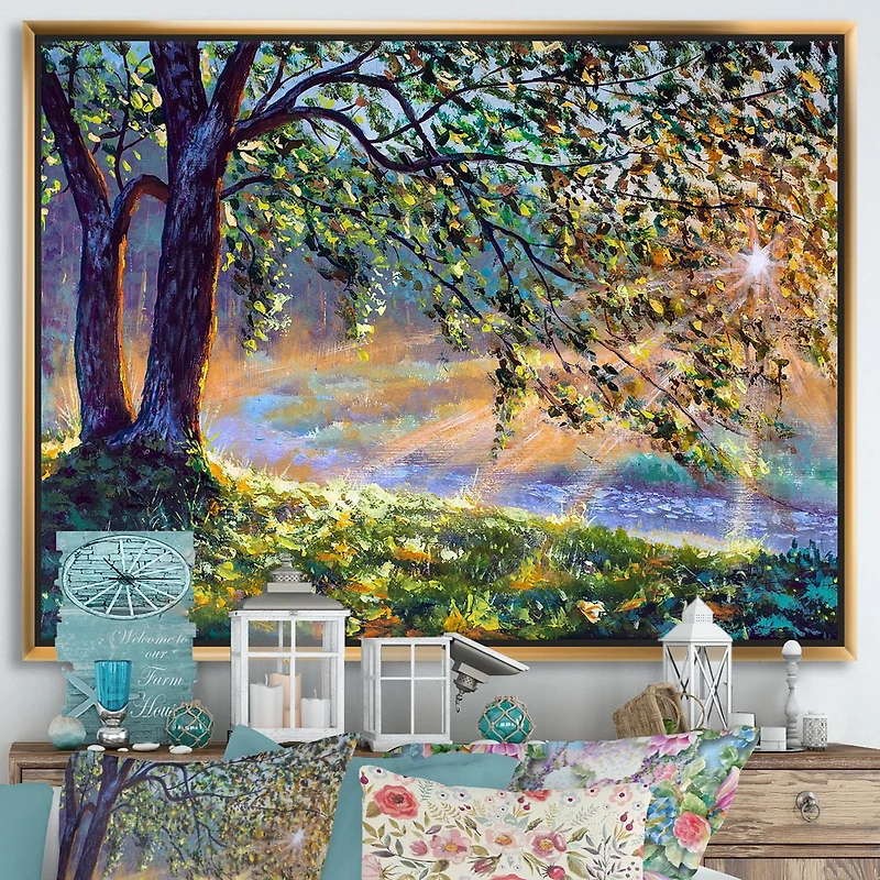 Designart Arbre au bord de la rivière Premiers rayons du soleil de l'après-midi ART MURAL À CADRE FLOTTÉ