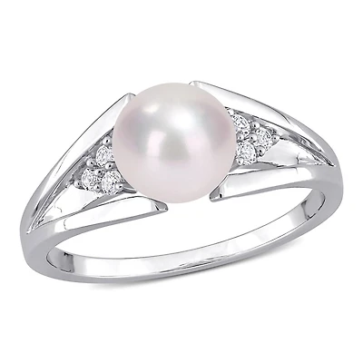 Miabella Freshwater Cultured Pearl and Diamond-Accent Sterling Silver Split Shank Ring