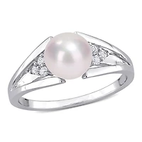 Miabella Freshwater Cultured Pearl and Diamond-Accent Sterling Silver Split Shank Ring