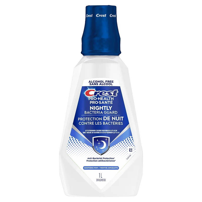 Crest Mouthwash Pro-Health Nightly Bacteria Guard, Anti-Bacterial for Overnight Protection, Alcohol Free, Antigingivitis & Antiplaque, Soothing Mint, 1 L