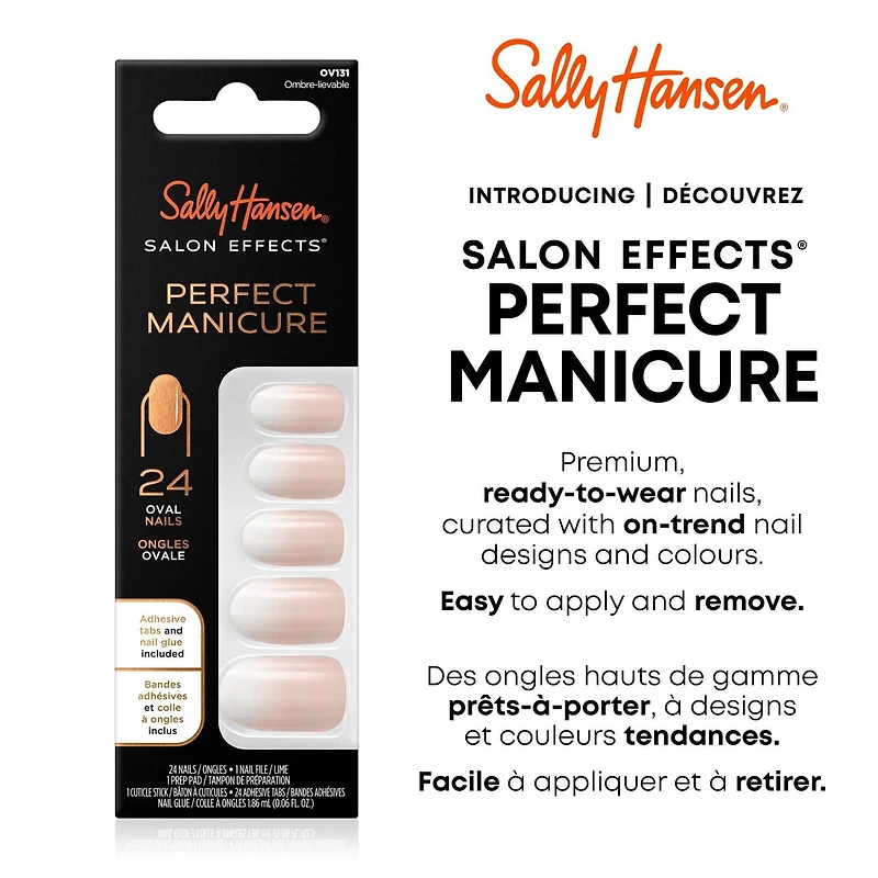 Sally Hansen - Salon Effects® Perfect Manicure™ ongles à coller modèle amande - inclut 24 faux ongles premium , une lime à ongles, un bâtonnet en bois, un tampon de préparation, des languettes adhésiv