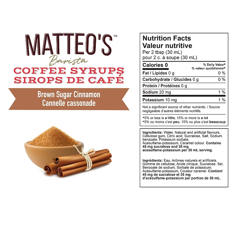 Matteo's Sirop Aromatisant pour Café Sans Sucre, Cannelle Cassonade