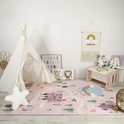 Rug Branch Soft Steps Playtime Unicorns, Castle, Road Map, Educational Soft Area Rug, Pink White - Boys & Girls in Playroom, Nursery, Bedroom