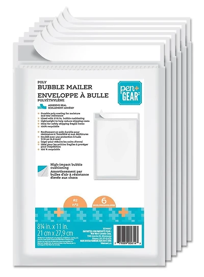 Pen+Gear Poly Bubble Mailers #2, White, 8.25 in x 11 in, Pack of 6