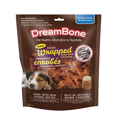 DreamBone Chicken Wrapped Mini Sticks Peanut Butter 40 Count – Rawhide-Free Dog Chews Made with Real Chicken & Peanut Butter, Easy-to-Digest Treats for Small Dogs