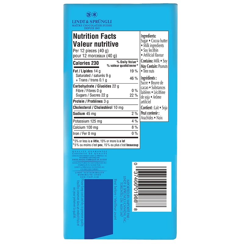 Lindt SWISS CLASSIC White Chocolate Bar, 100 Grams