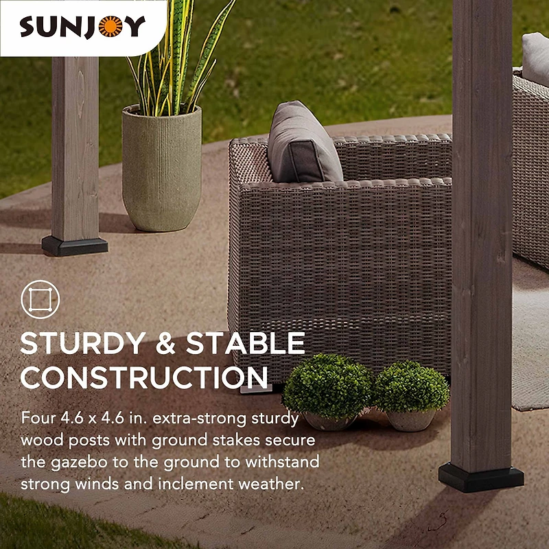 Sunjoy Outdoor Gazebo 13 ft. x 15 ft. Cedar Framed Gazebo with Black Steel 2-tier Hip Roof Hard Top