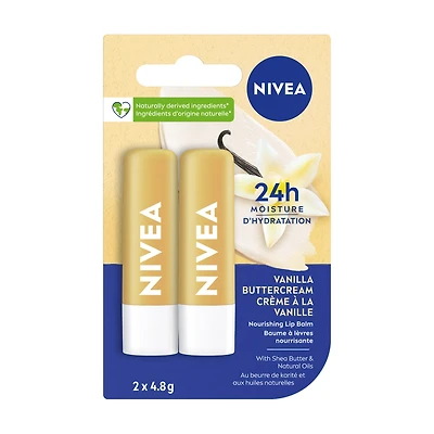 NIVEA Vanilla Buttercream Lip Balm, 24hr hydration, Enriched with shea butter & natural oils, vanilla scent, (2 x 4.8g)