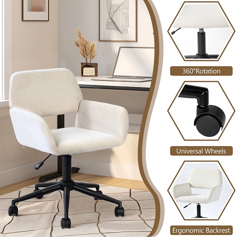 Chaise de bureau pivotante Homy Casa, chaise de bureau ergonomique réglable, tissu chenille beige