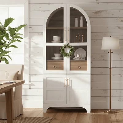 Homy Casa – Meuble de rangement de cuisine voûté de 71 pouces avec porte vitrée et 4 étagères réglables – Blanc