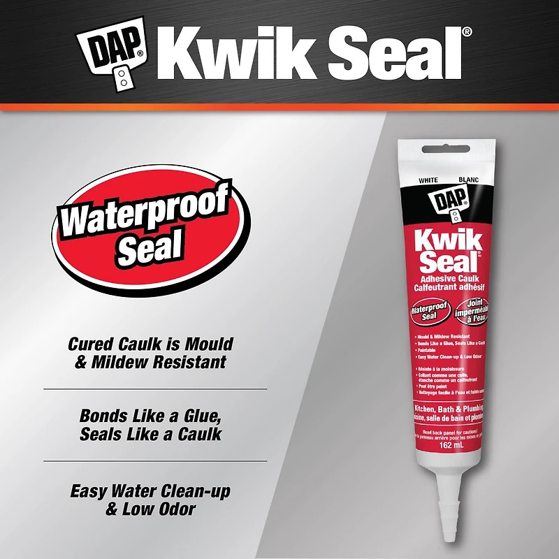 Calfeutrant adhésif DAP Kwik Seal pour baignoires et carreaux de céramique, 162ml, Blanc