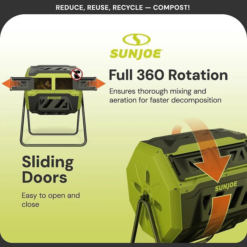 Sun Joe SJ-CMPS1 Composteur Rotatif Extérieur Toutes Saisons | Chambre Double à Glissière | 42 Gallons | 2-10 Semaines | Matériau Sans BPA