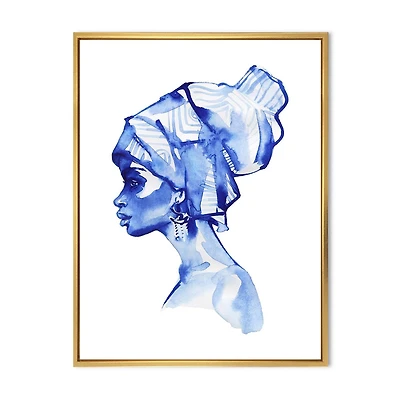 Designart Portrait de mode bleu de femme afro-américaine ART MURAL À CADRE FLOTTÉ