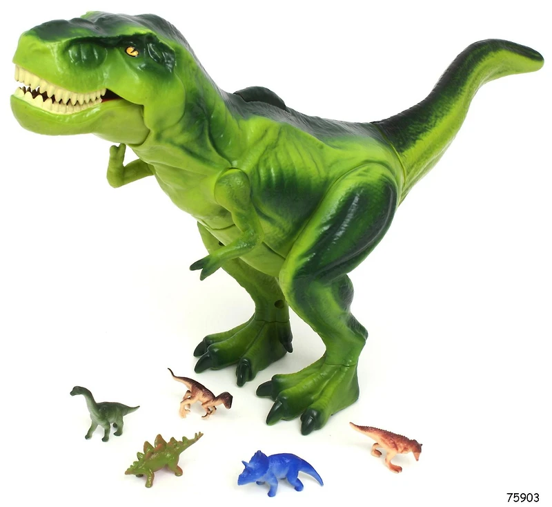L'expédition a écrasé le coffre du tyrannosaure avec le petit dinosaure.