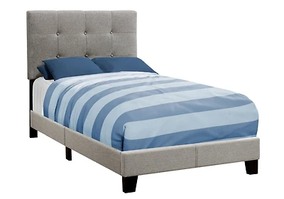 Monarch Specialties Lit, Taille Jumelle, Plate-forme, Adolescent, Cadre, Rembourré, D'aspect Lin, Pattes En Bois, Gris, Transitionnel