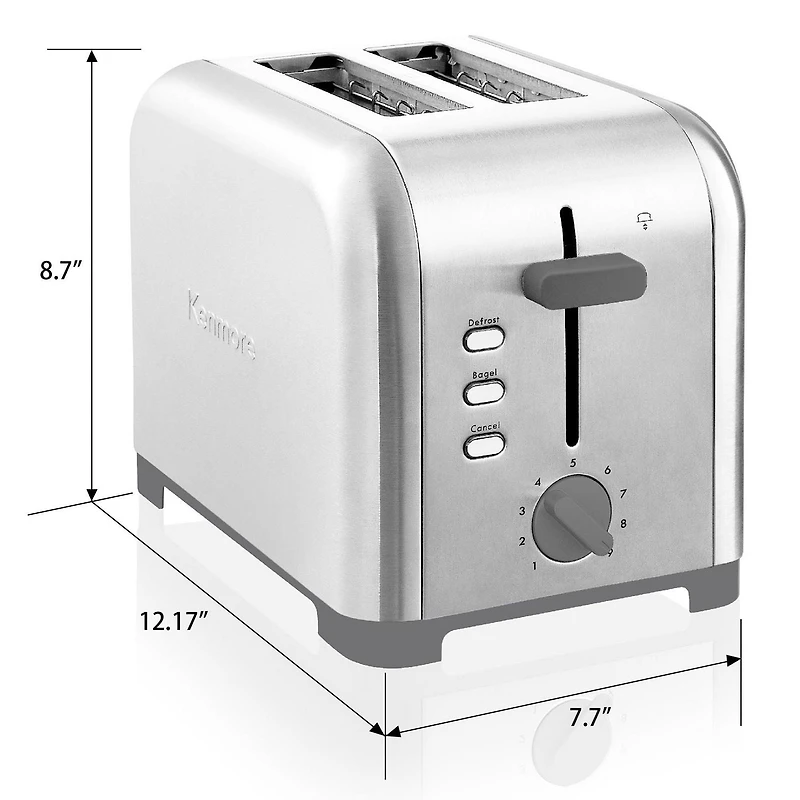 Kenmore 2-Slice Stainless Steel Toaster, Silver & Grey, Extra Wide Slots, Bagel & Defrost Functions