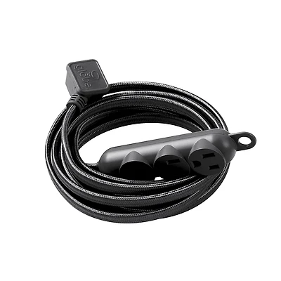 Rallonge électrique en tissu noir de 3,7 m (12 pi) et de calibre 16/3 à 3 prises avec fiche coudée et crochet intégré de Globe Electric