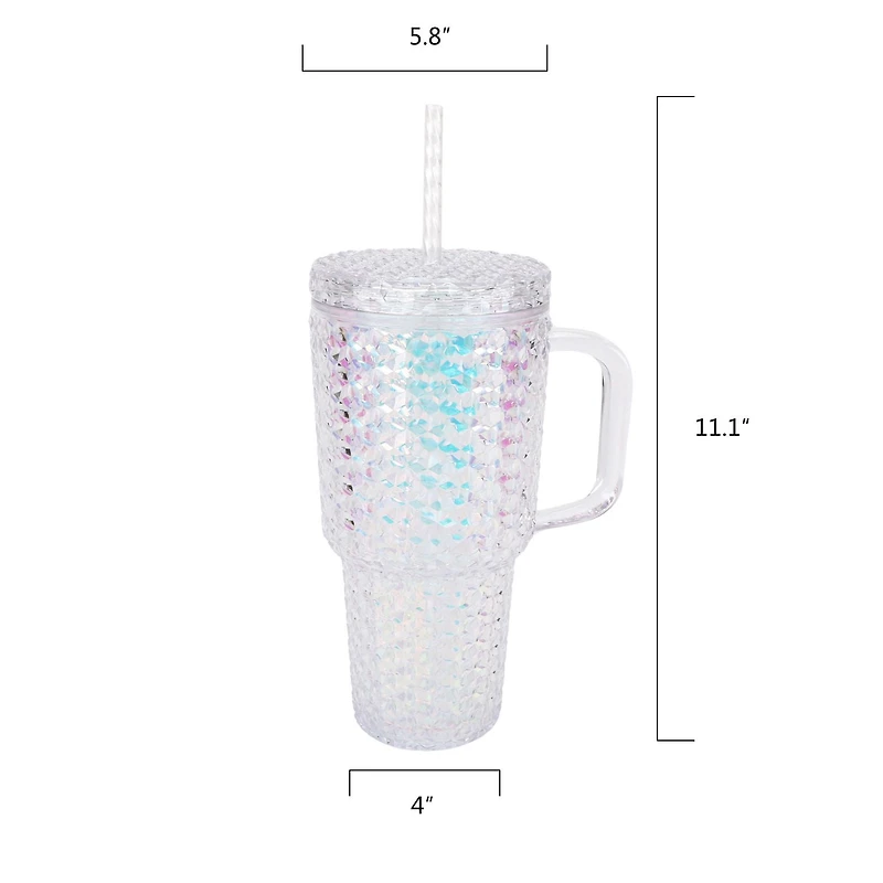 Holiday Time 32oz Clear Iridescent Acrylic Double Wall Studded Textured Tumbler with Handle, 1pc
