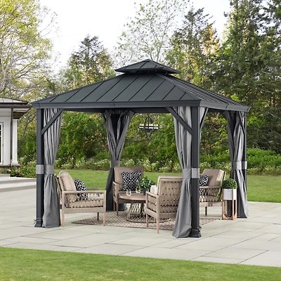 Sunjoy Outdoor Hardtop Gazebo 10 ft. x 10 ft. Outdoor Metal Frame Gazebo with 2-tier Hardtop Roof