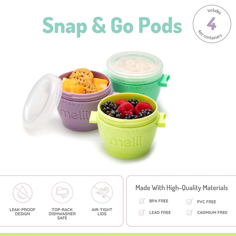 Melii Click & Go Pods Food Freezer Storage Containers & Snack Containers - 4x4oz - for Babies, Toddlers and Adults