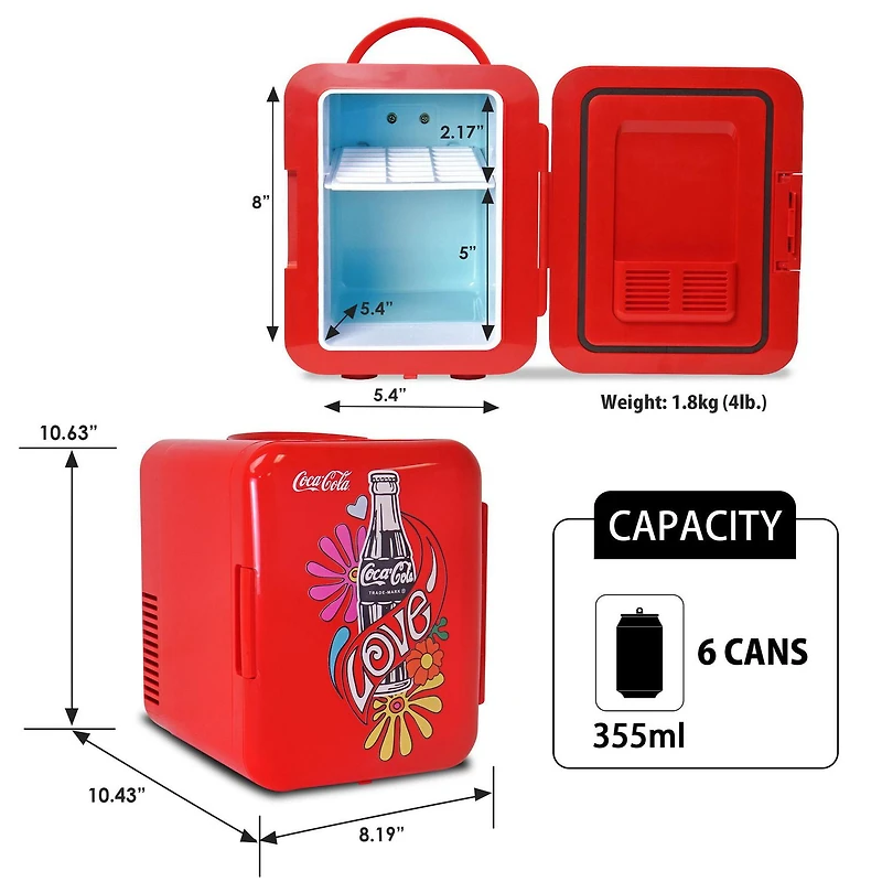 Coca-Cola Mini réfrigérateur portable 4 L, mini refroidisseur/réchauffeur 6 canettes pour les voyages, le bureau et la maison - Rouge