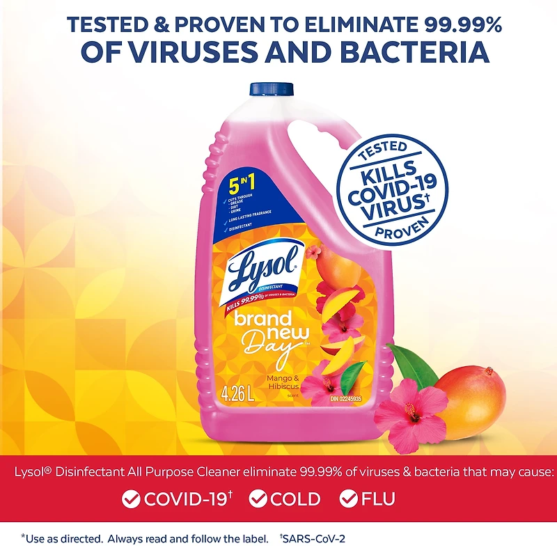 Lysol® Multi-Surface Cleaner, Pourable Disinfecting All-Purpose Cleaner for Floor & Hard Surfaces, Cuts Grease & Grime, Brand New Day ™ Mango & Hibiscus, 4.26 L
