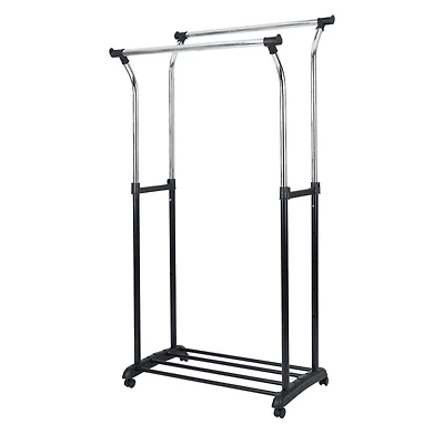 Mainstays Double Rod Garment Rack, Rolling Clothes Organizer, Black/Chrome, Flared Design, Adjustable Height, Storage Long and Short Garments