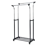 Mainstays Double Rod Garment Rack, Rolling Clothes Organizer, Black/Chrome, Flared Design, Adjustable Height,  Storage Long and Short Garments