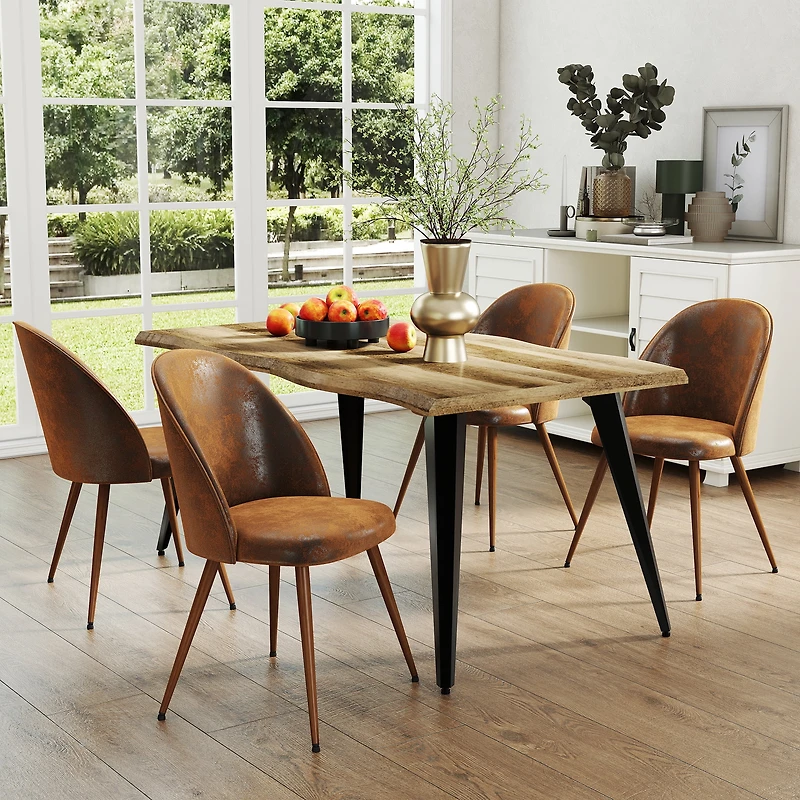 Homy Casa 5-Piece Dining Set, Walnut Wooden Kitchen Table with 4 Upholstered High-Back Brown Faux Suede Dining Chairs, Contemporary Live Edge Design