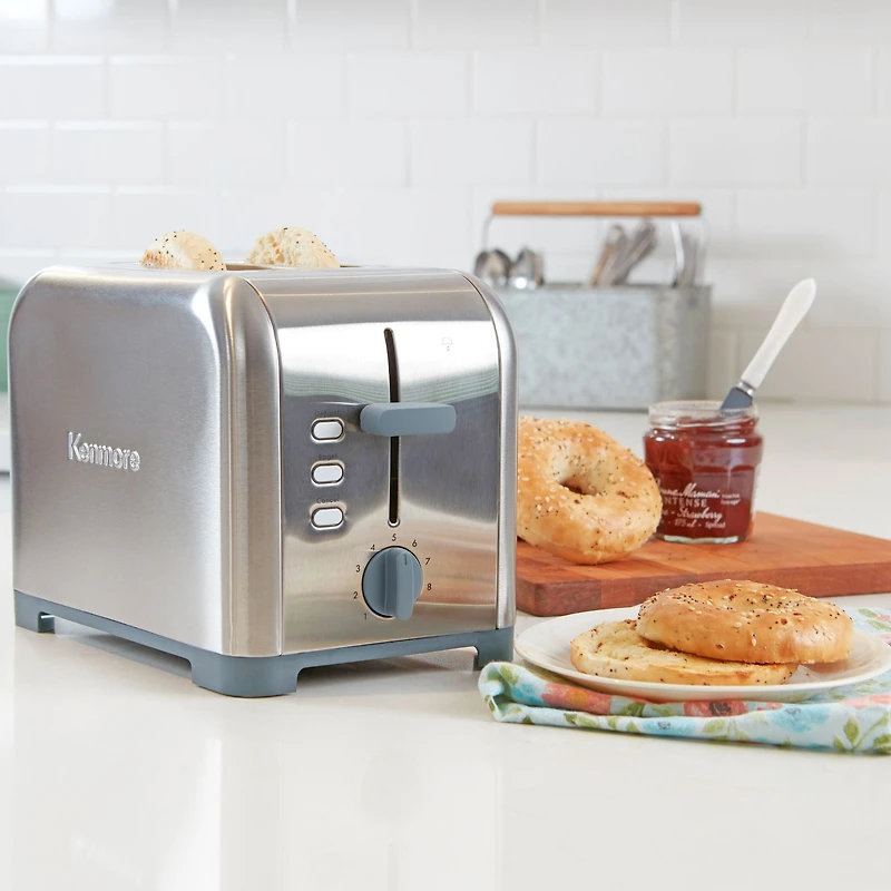 Kenmore 2-Slice Stainless Steel Toaster, Silver & Grey, Extra Wide Slots, Bagel & Defrost Functions