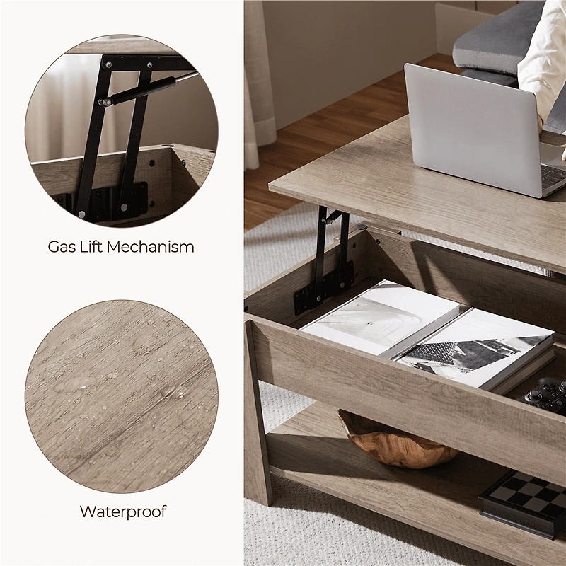Fullfurnique Lift Top Coffee Table with Large Hidden Compartment and Storage Open Shelf, Gray