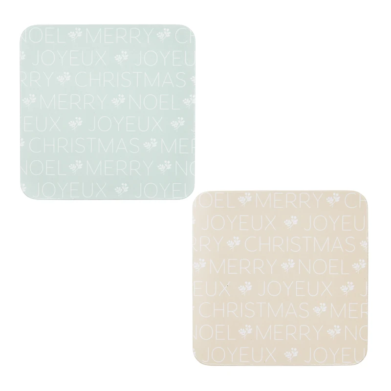 Holiday Time 4 pack Christmas Festive Word and Berry Square Cork Coaster, Natural Green & Beige