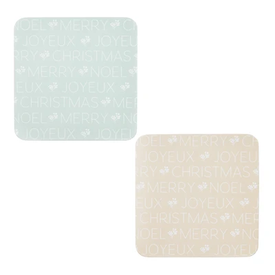 Holiday Time 4 pack Christmas Festive Word and Berry Square Cork Coaster, Natural Green & Beige