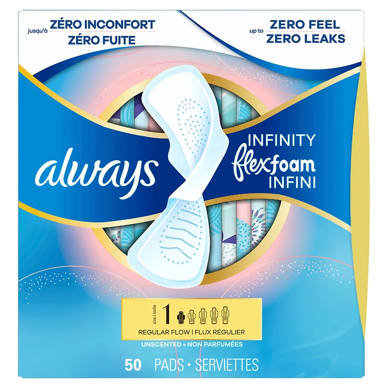 Serviettes Always Infini FlexFoam, régulières avec ailes, pour femmes, taille 1, sans parfum, 50 serviettes