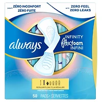 Serviettes Always Infini FlexFoam, régulières avec ailes, pour femmes, taille 1, sans parfum, 50 serviettes