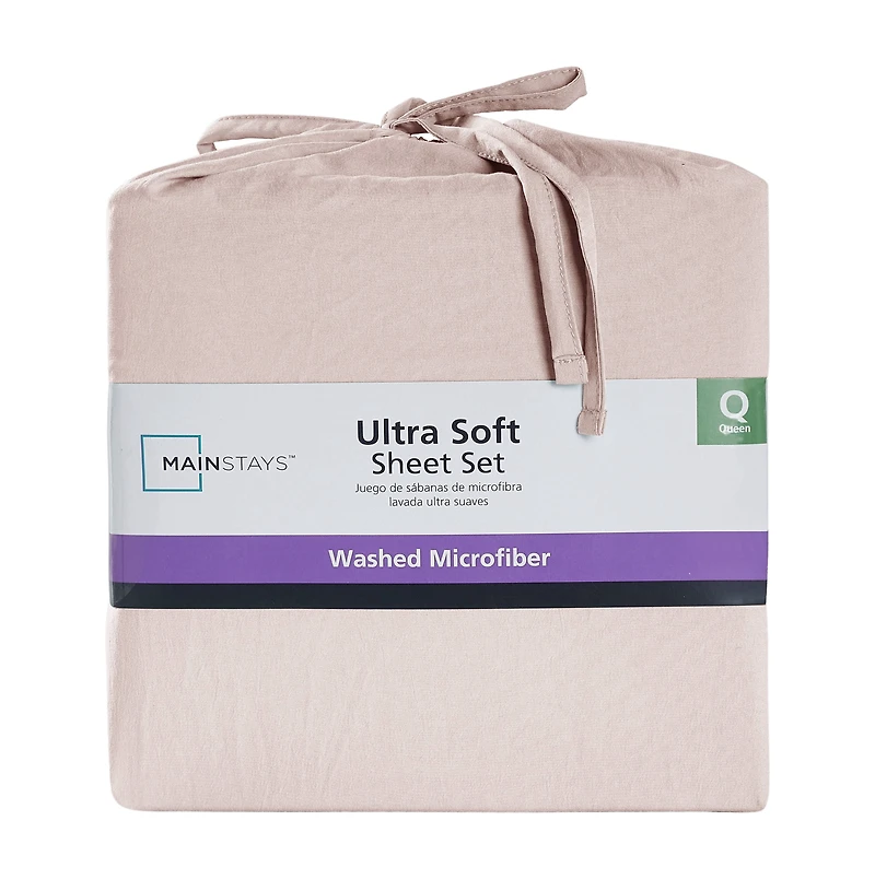 Mainstays Washed Ultra Soft Microfiber Bed Sheet Set, Twin-XL, Pink Blush, 3 Piece