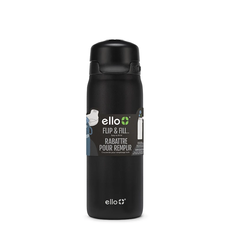 Bouteille d'eau Ello 18 oz Flip & Fill en acier inoxydable noir