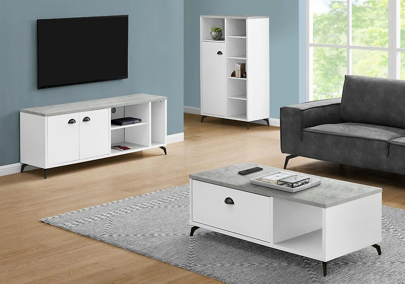 Monarch Specialties Tv Stand, 60 Inch, Console, Media Entertainment Center, Storage Cabinet, Living Room, Bedroom, Laminate, Metal, Grey, White, Contemporary, Modern